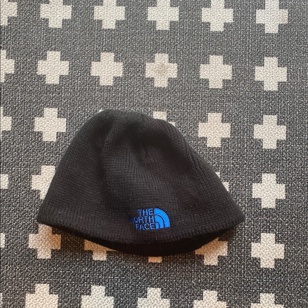 The North Face Kids Black Beanie with Blue Logo